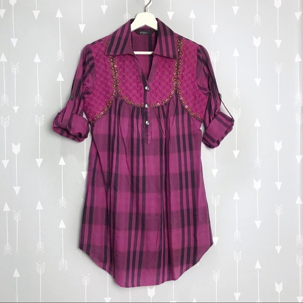 Gipsy Plaid Tunic Top Embellished Shirt Dress